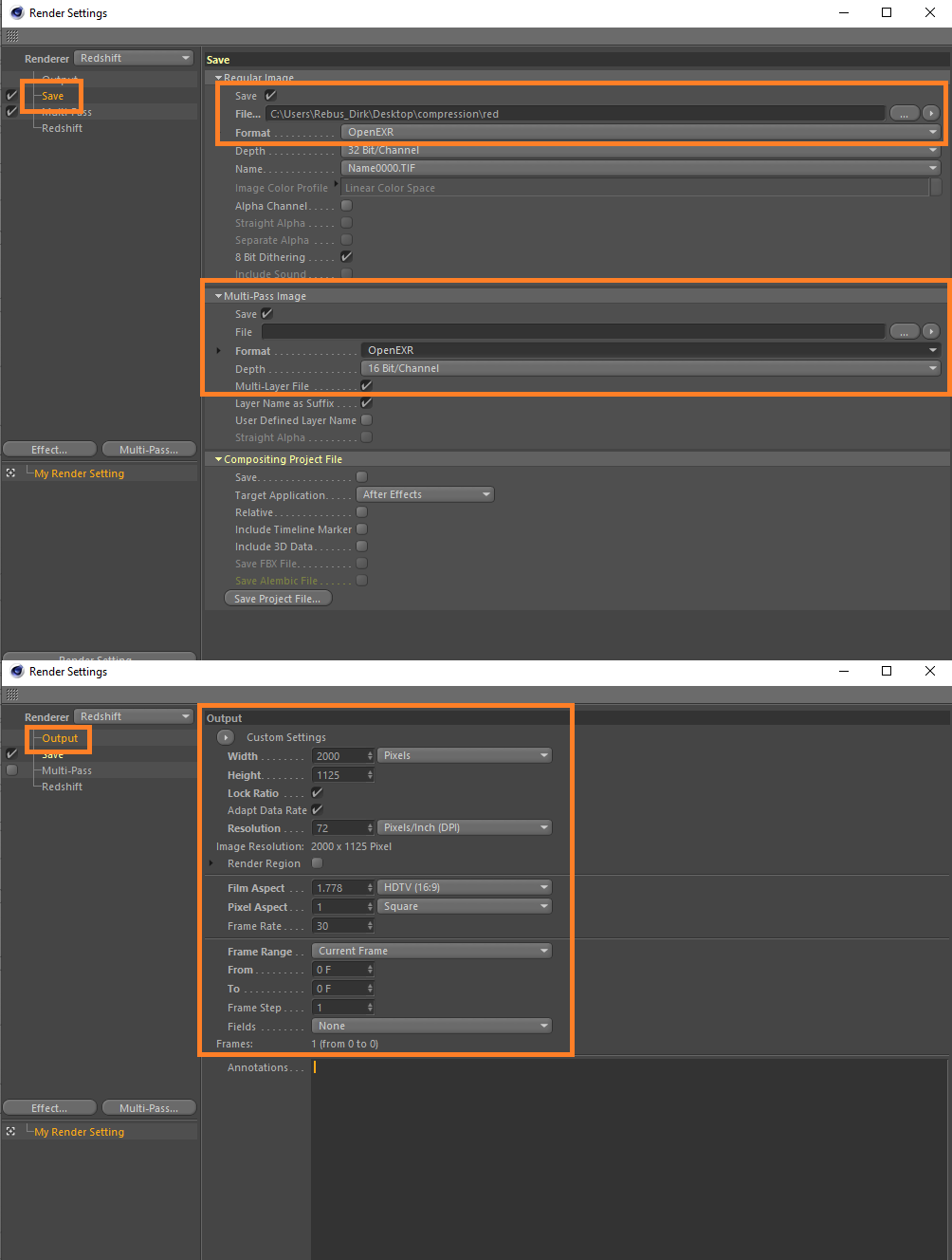 Configuração de renderização 3D para Cinema 4D com Redshift Renderer - opções de saída